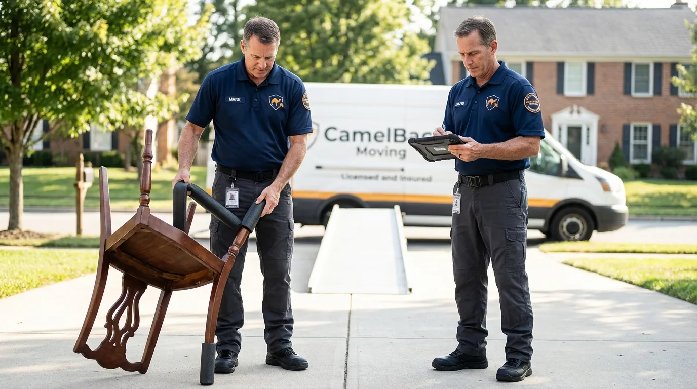 Movers inspecting furniture for damage prevention before loading in Baxley, GA
