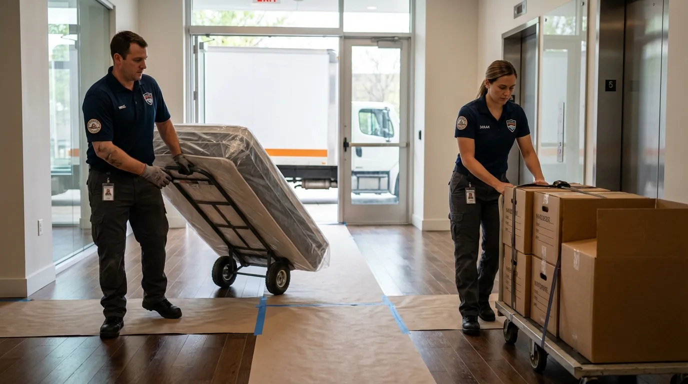 Professional apartment movers loading elevator in Baxley, GA